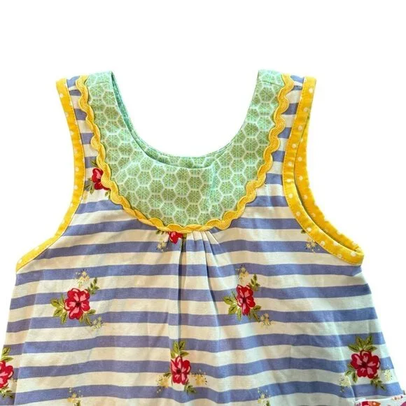 Matilda Jane Girls Ruffle Sleeveless Top Blue Striped Floral Yellow Size 4 - Picture 3 of 7